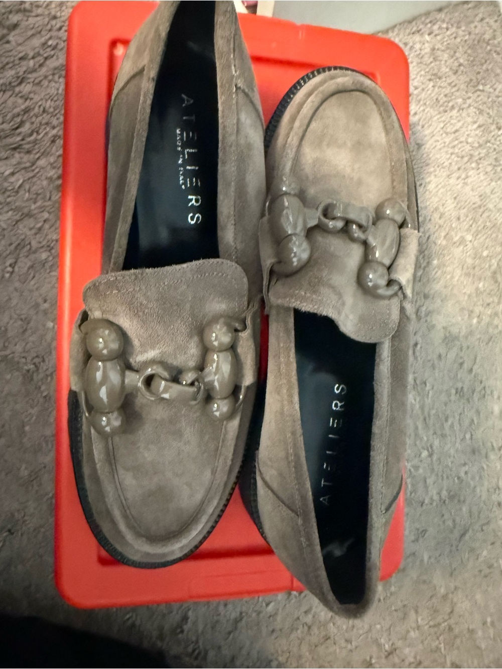 Ateliers Taupe Suede Loafers with Chain Accent